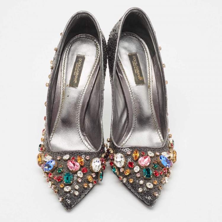Pre Owned Dolce & Gabbana Black Sequins and Leather Trim Crystal Embellished Pumps Size 37