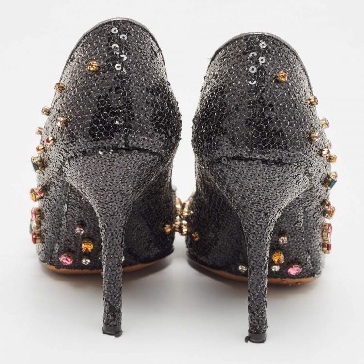 Pre Owned Dolce & Gabbana Black Sequins and Leather Trim Crystal Embellished Pumps Size 37