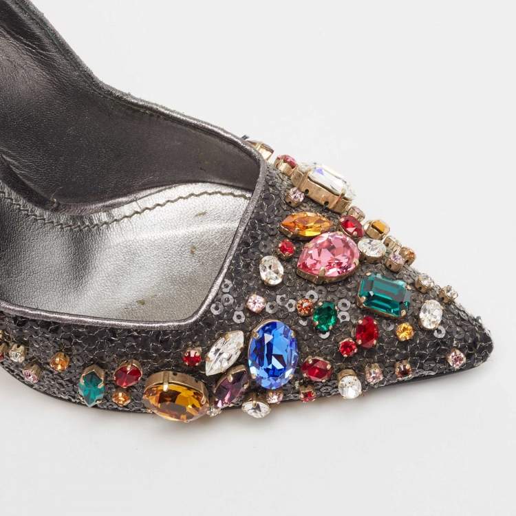 Pre Owned Dolce & Gabbana Black Sequins and Leather Trim Crystal Embellished Pumps Size 37