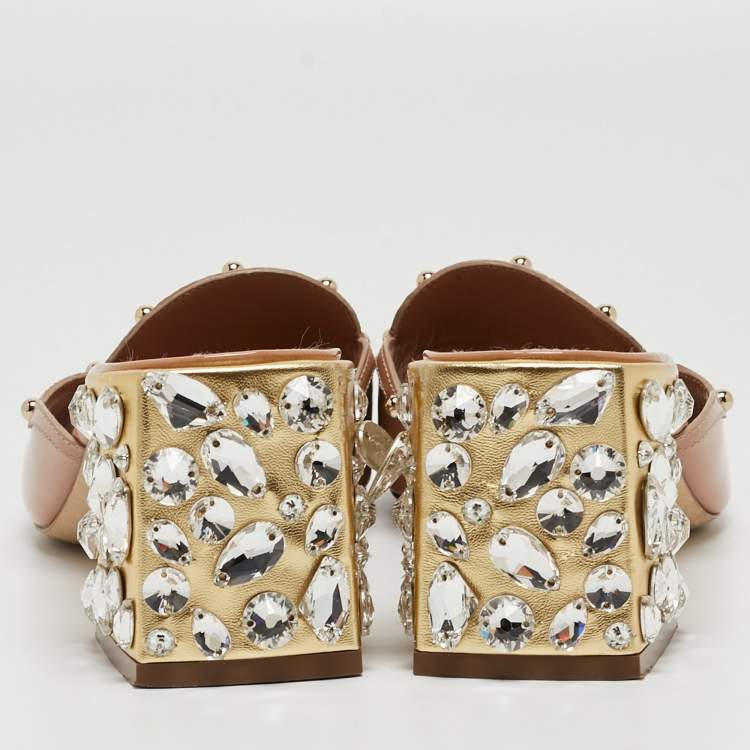 Pre Owned Dolce & Gabbana Beige Patent Leather Crystal Embellishment Slide Sandals Size 39