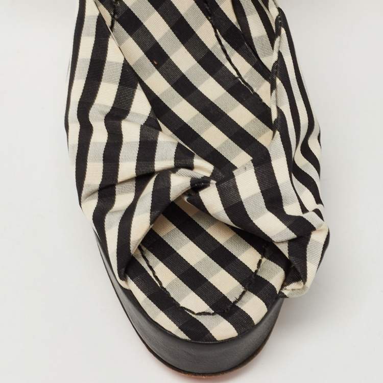 Pre Owned Dolce & Gabbana Black/White Plaid Fabric Platform Ankle Tie Sandals Size 38