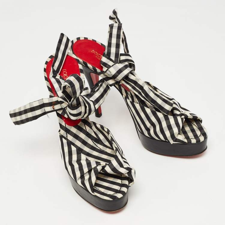 Pre Owned Dolce & Gabbana Black/White Plaid Fabric Platform Ankle Tie Sandals Size 38