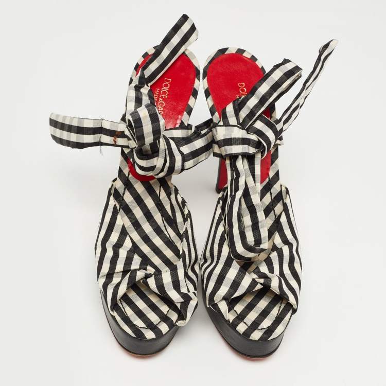 Pre Owned Dolce & Gabbana Black/White Plaid Fabric Platform Ankle Tie Sandals Size 38