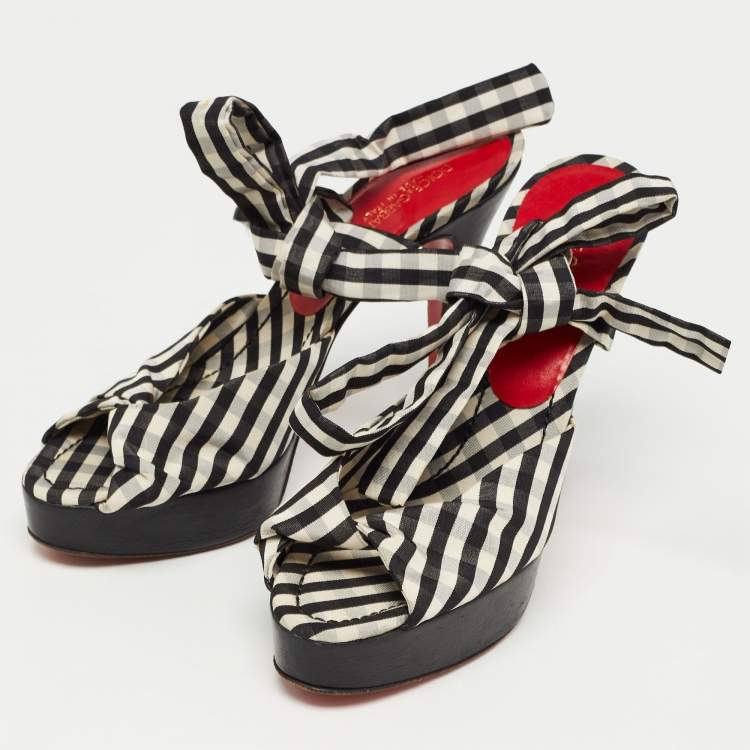 Pre Owned Dolce & Gabbana Black/White Plaid Fabric Platform Ankle Tie Sandals Size 38