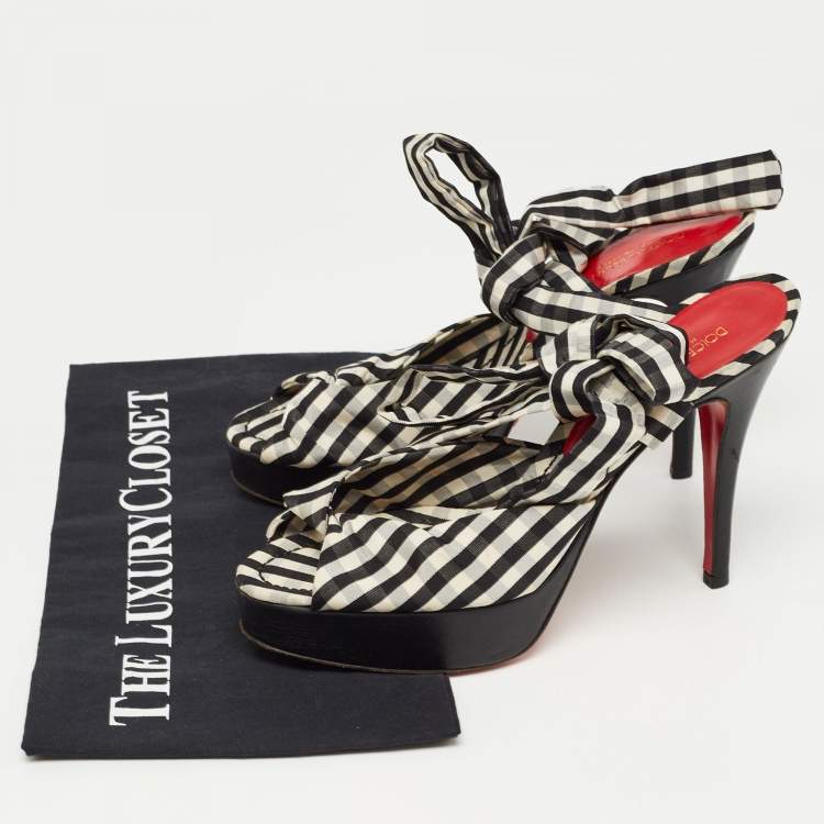 Pre Owned Dolce & Gabbana Black/White Plaid Fabric Platform Ankle Tie Sandals Size 38