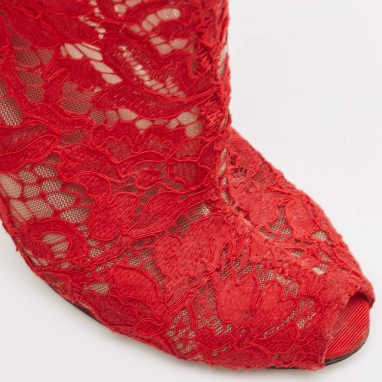 Pre Owned Dolce & Gabbana Red Lace and Mesh Peep Toe Ankle Boots Size 36