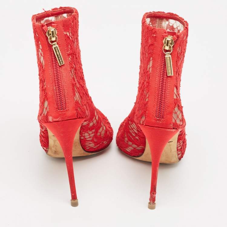 Pre Owned Dolce & Gabbana Red Lace and Mesh Peep Toe Ankle Boots Size 36