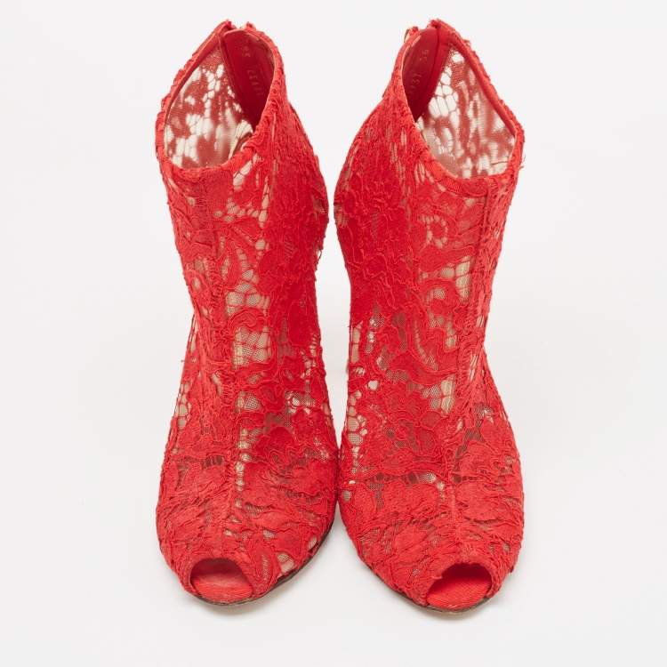 Pre Owned Dolce & Gabbana Red Lace and Mesh Peep Toe Ankle Boots Size 36