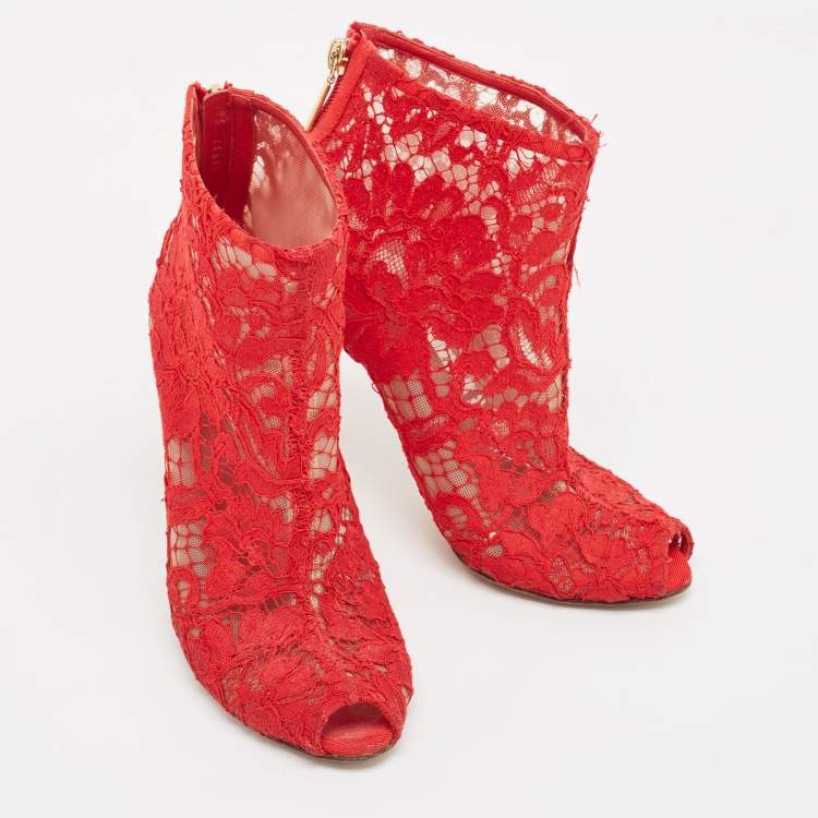 Pre Owned Dolce & Gabbana Red Lace and Mesh Peep Toe Ankle Boots Size 36