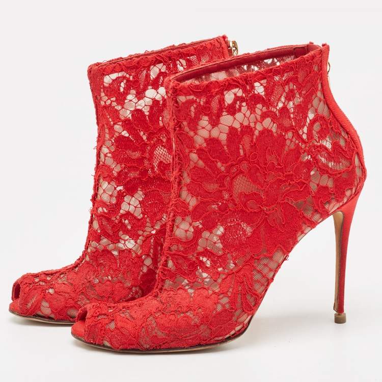 Pre Owned Dolce & Gabbana Red Lace and Mesh Peep Toe Ankle Boots Size 36