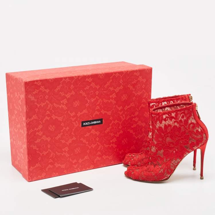 Pre Owned Dolce & Gabbana Red Lace and Mesh Peep Toe Ankle Boots Size 36