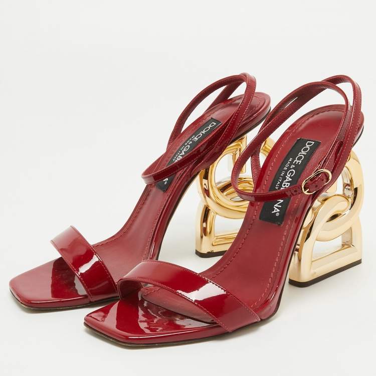 Pre Owned Dolce & Gabbana Red Patent Leather Ankle Wrap DG Heel Sandals Size 39