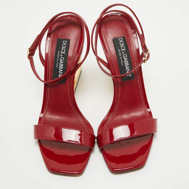 Pre Owned Dolce & Gabbana Red Patent Leather Ankle Wrap DG Heel Sandals Size 39