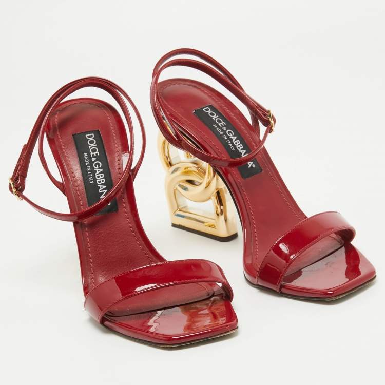 Pre Owned Dolce & Gabbana Red Patent Leather Ankle Wrap DG Heel Sandals Size 39