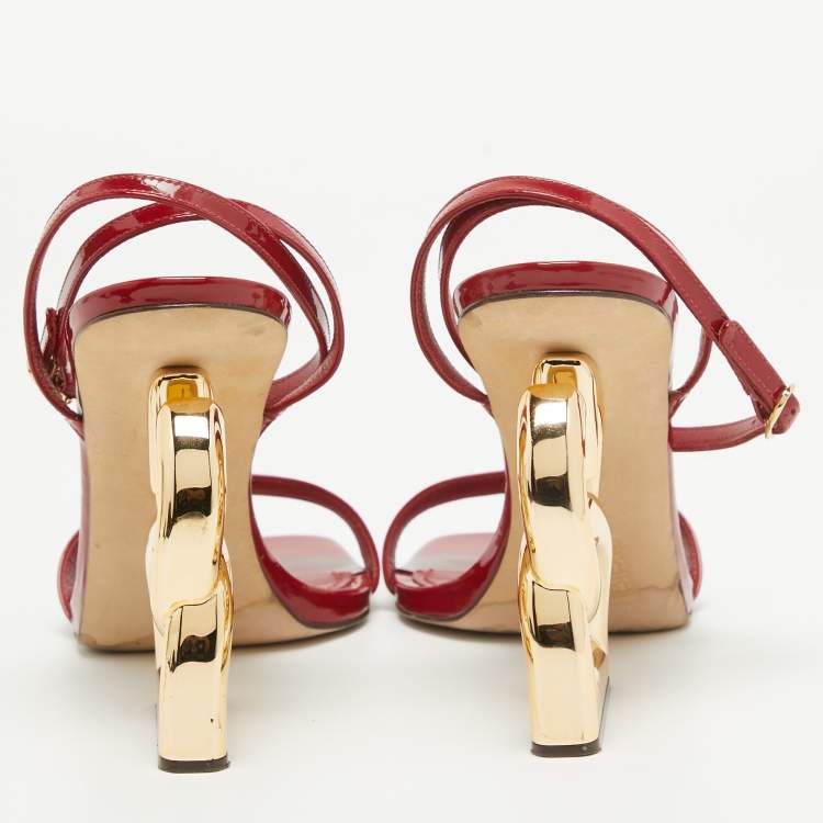 Pre Owned Dolce & Gabbana Red Patent Leather Ankle Wrap DG Heel Sandals Size 39