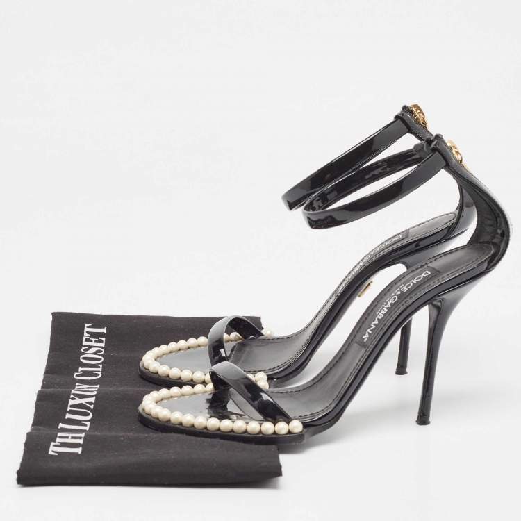 Pre Owned Dolce & Gabbana Black Patent Ankle Strap  Pear Embellished Sandals Size 38