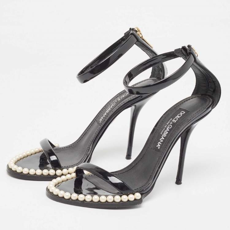 Pre Owned Dolce & Gabbana Black Patent Ankle Strap  Pear Embellished Sandals Size 38