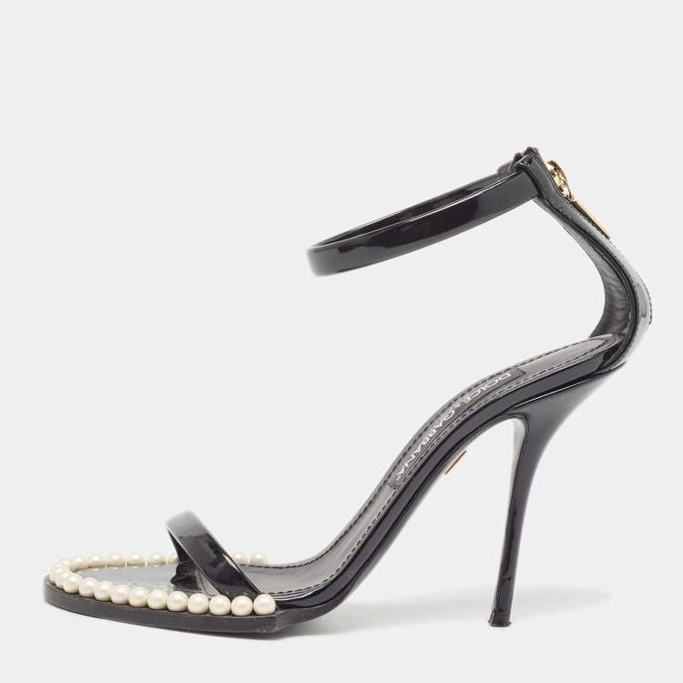 Pre Owned Dolce & Gabbana Black Patent Ankle Strap  Pear Embellished Sandals Size 38