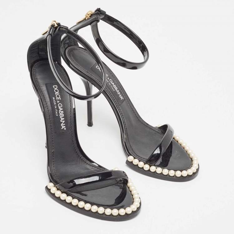 Pre Owned Dolce & Gabbana Black Patent Ankle Strap  Pear Embellished Sandals Size 38