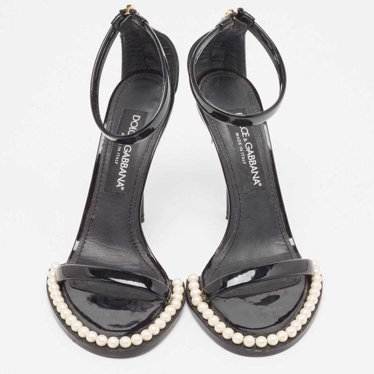 Pre Owned Dolce & Gabbana Black Patent Ankle Strap  Pear Embellished Sandals Size 38