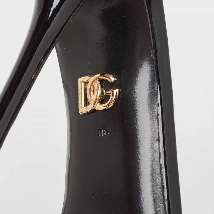 Pre Owned Dolce & Gabbana Black Patent Ankle Strap  Pear Embellished Sandals Size 38