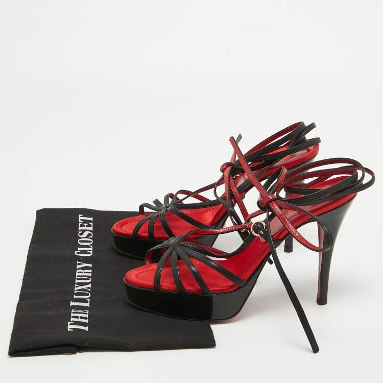 Pre Owned Dolce & Gabbana Red/Black Leather Lace Up Sandals Size 38