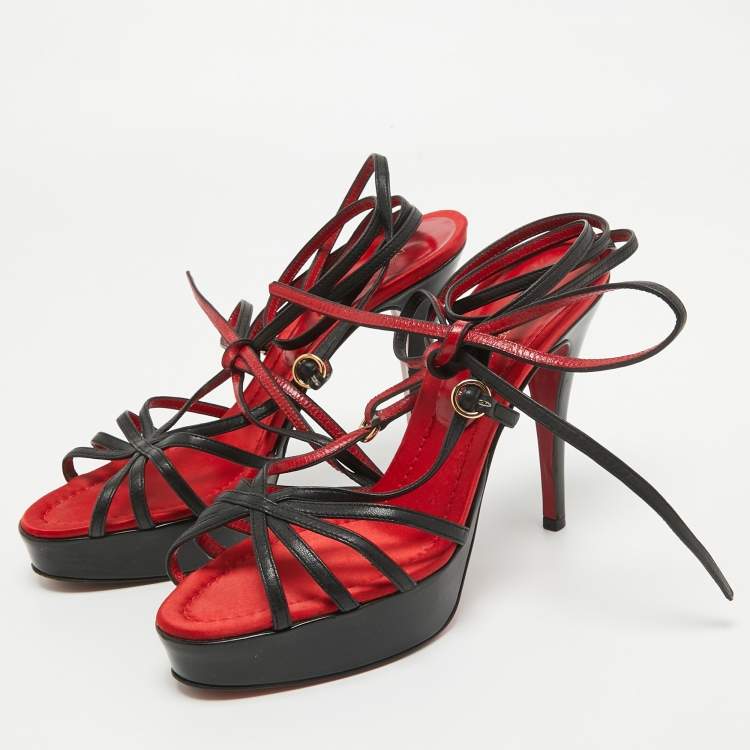 Pre Owned Dolce & Gabbana Red/Black Leather Lace Up Sandals Size 38