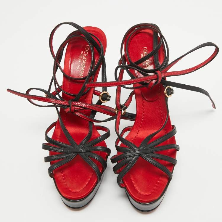 Pre Owned Dolce & Gabbana Red/Black Leather Lace Up Sandals Size 38