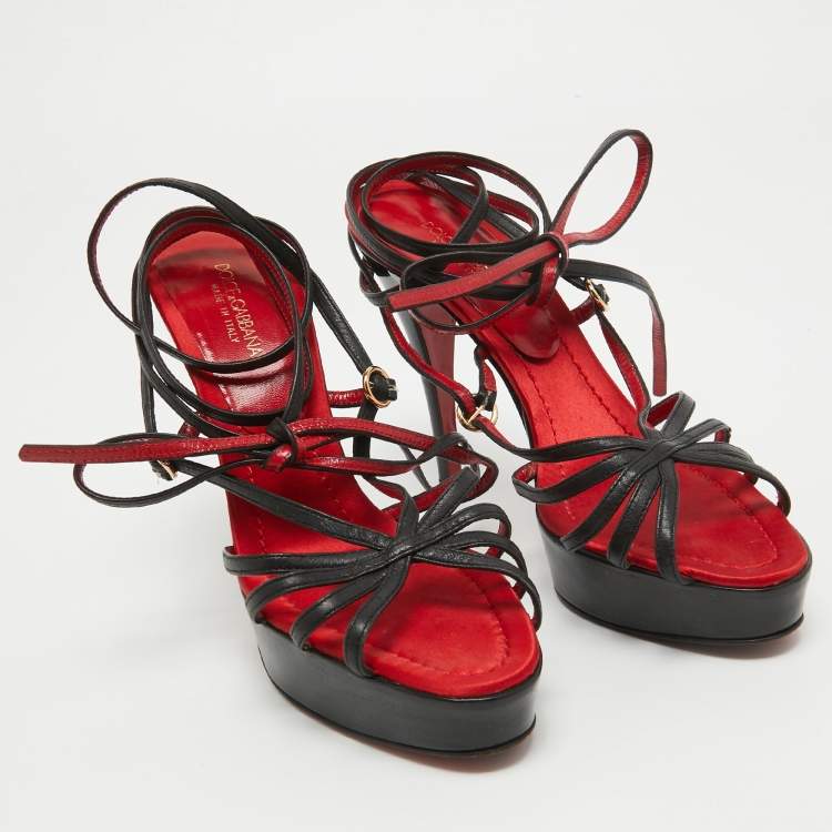 Pre Owned Dolce & Gabbana Red/Black Leather Lace Up Sandals Size 38