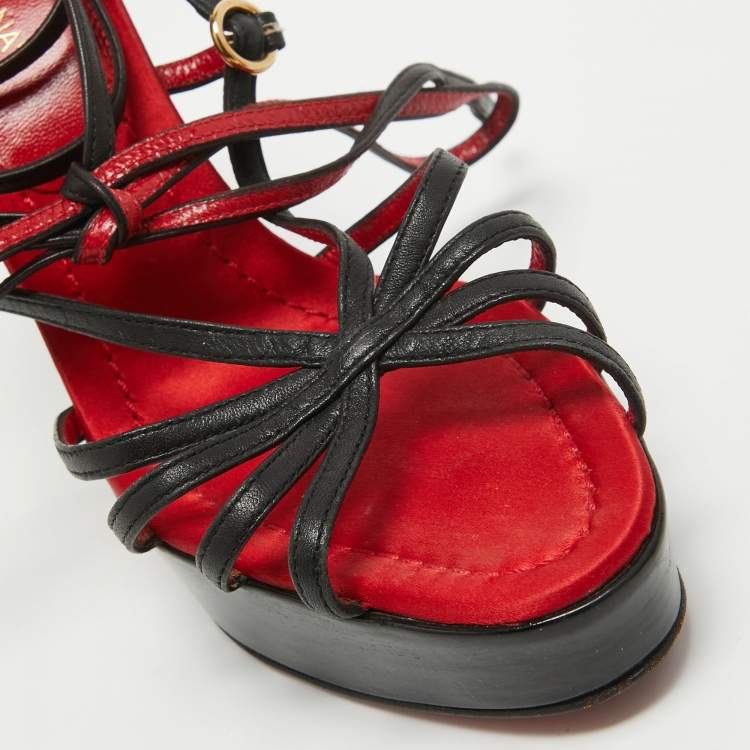 Pre Owned Dolce & Gabbana Red/Black Leather Lace Up Sandals Size 38