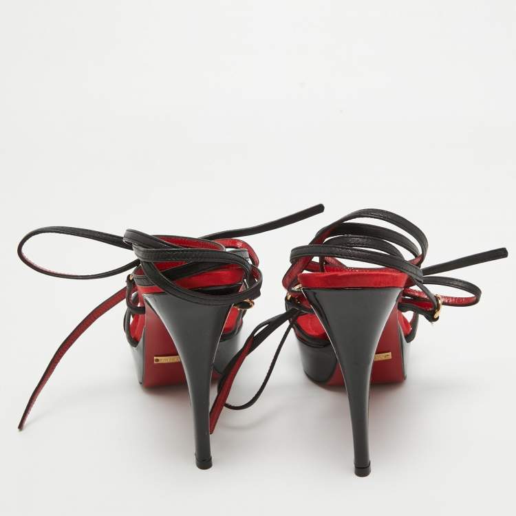 Pre Owned Dolce & Gabbana Red/Black Leather Lace Up Sandals Size 38