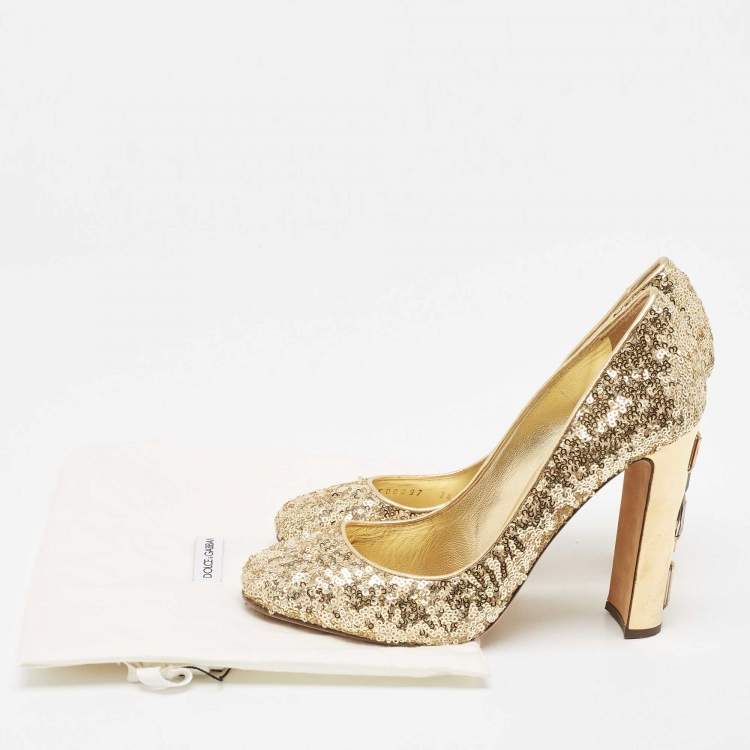 Pre Owned Dolce & Gabbana Gold Sequins Studded Heel Square Toe Pumps Size 38.5