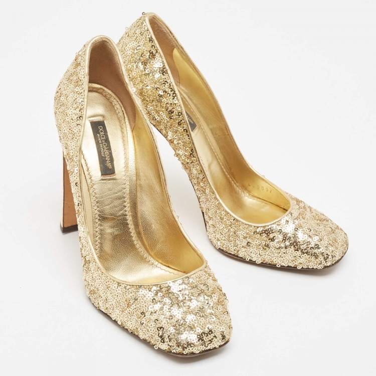 Pre Owned Dolce & Gabbana Gold Sequins Studded Heel Square Toe Pumps Size 38.5