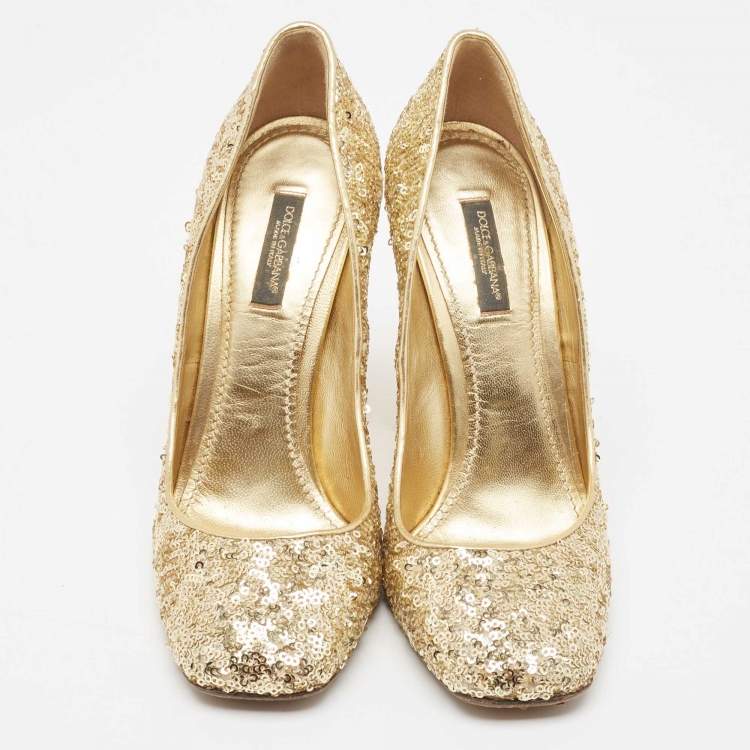 Pre Owned Dolce & Gabbana Gold Sequins Studded Heel Square Toe Pumps Size 38.5