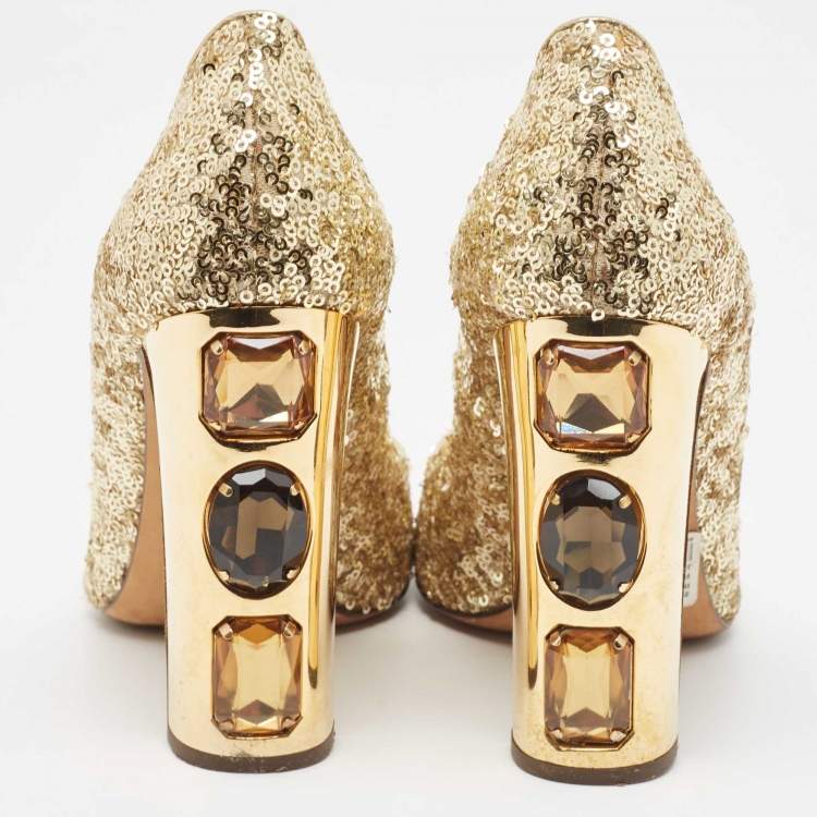 Pre Owned Dolce & Gabbana Gold Sequins Studded Heel Square Toe Pumps Size 38.5