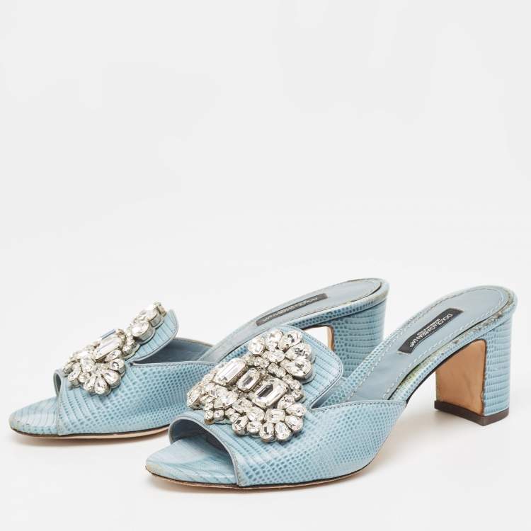 Pre Owned Dolce & Gabbana Light Blue Embossed Lizard Crystal Embellished Slide Sandals Size 36