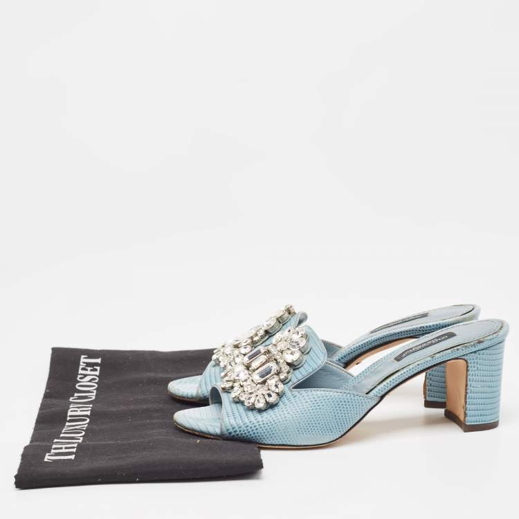 Pre Owned Dolce & Gabbana Light Blue Embossed Lizard Crystal Embellished Slide Sandals Size 36