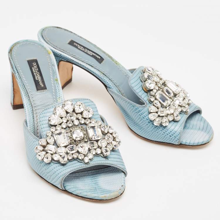 Pre Owned Dolce & Gabbana Light Blue Embossed Lizard Crystal Embellished Slide Sandals Size 36