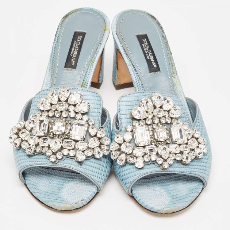 Pre Owned Dolce & Gabbana Light Blue Embossed Lizard Crystal Embellished Slide Sandals Size 36