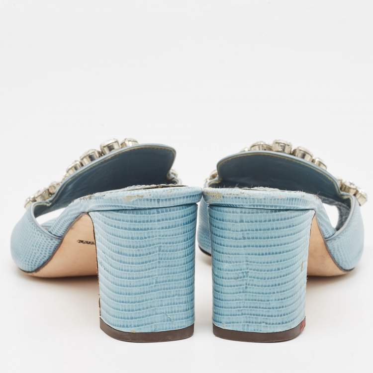 Pre Owned Dolce & Gabbana Light Blue Embossed Lizard Crystal Embellished Slide Sandals Size 36