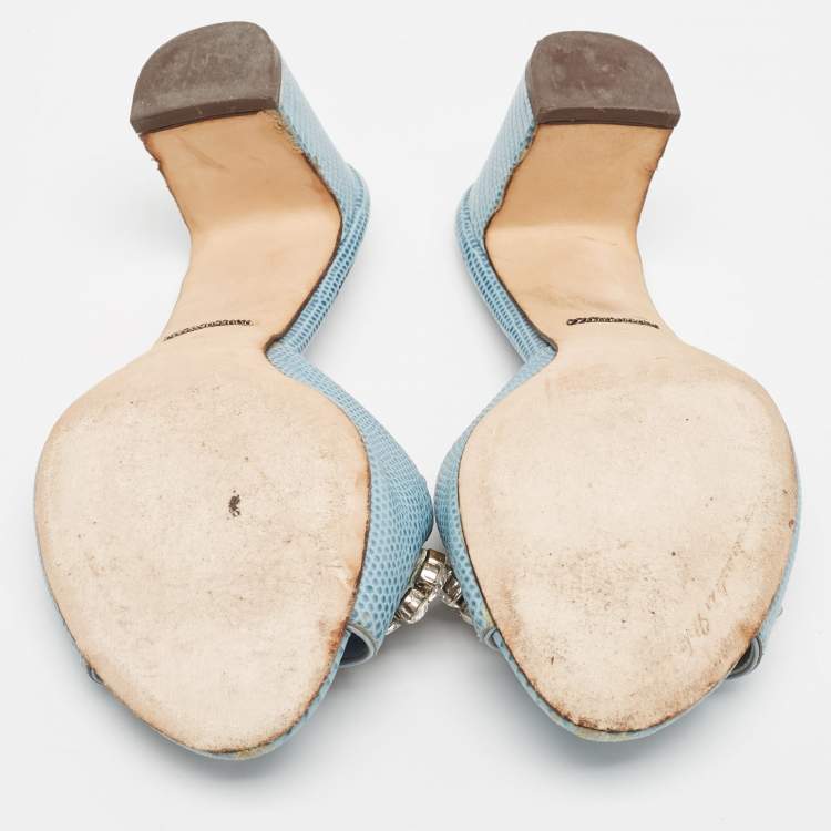 Pre Owned Dolce & Gabbana Light Blue Embossed Lizard Crystal Embellished Slide Sandals Size 36