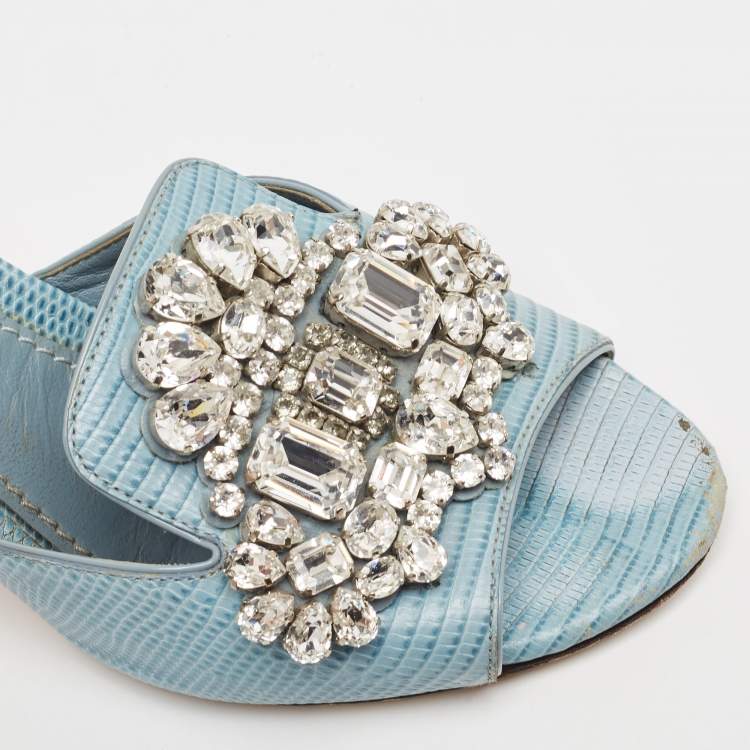 Pre Owned Dolce & Gabbana Light Blue Embossed Lizard Crystal Embellished Slide Sandals Size 36