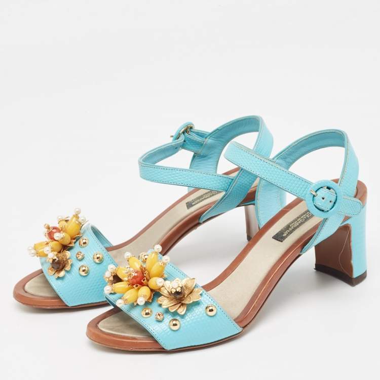 Pre Owned Dolce & Gabbana Blue Embossed Lizard Embellished Ankle Strap Sandals Size 35