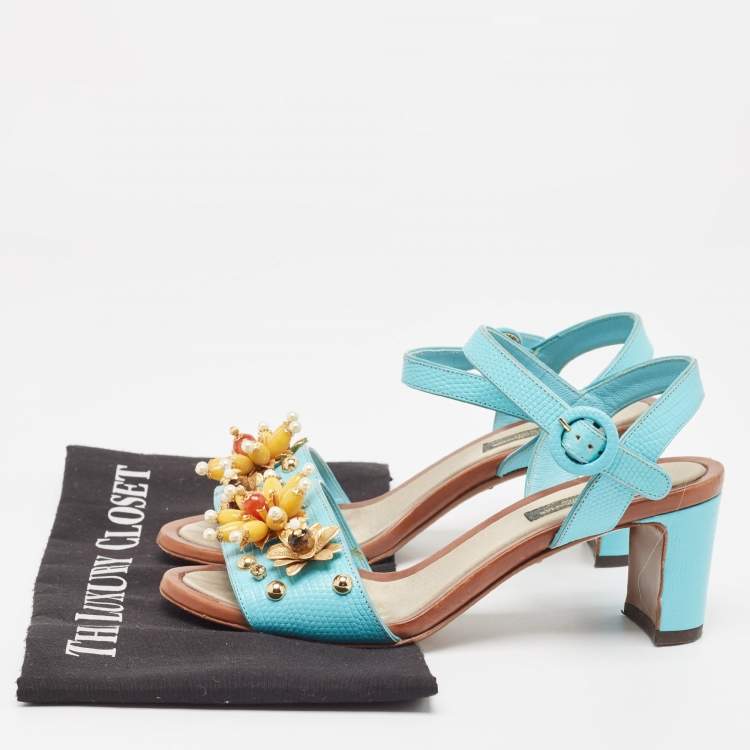Pre Owned Dolce & Gabbana Blue Embossed Lizard Embellished Ankle Strap Sandals Size 35