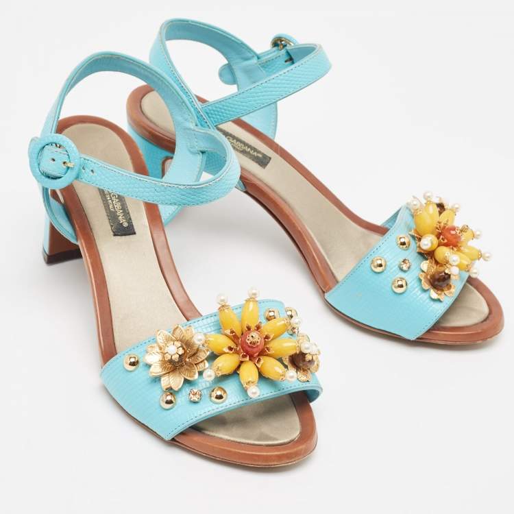 Pre Owned Dolce & Gabbana Blue Embossed Lizard Embellished Ankle Strap Sandals Size 35