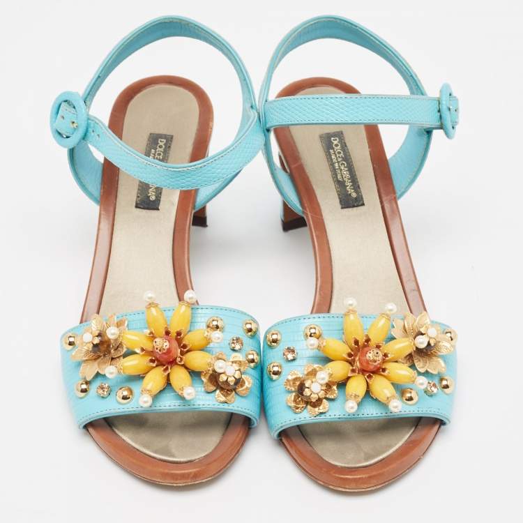 Pre Owned Dolce & Gabbana Blue Embossed Lizard Embellished Ankle Strap Sandals Size 35