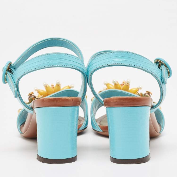 Pre Owned Dolce & Gabbana Blue Embossed Lizard Embellished Ankle Strap Sandals Size 35