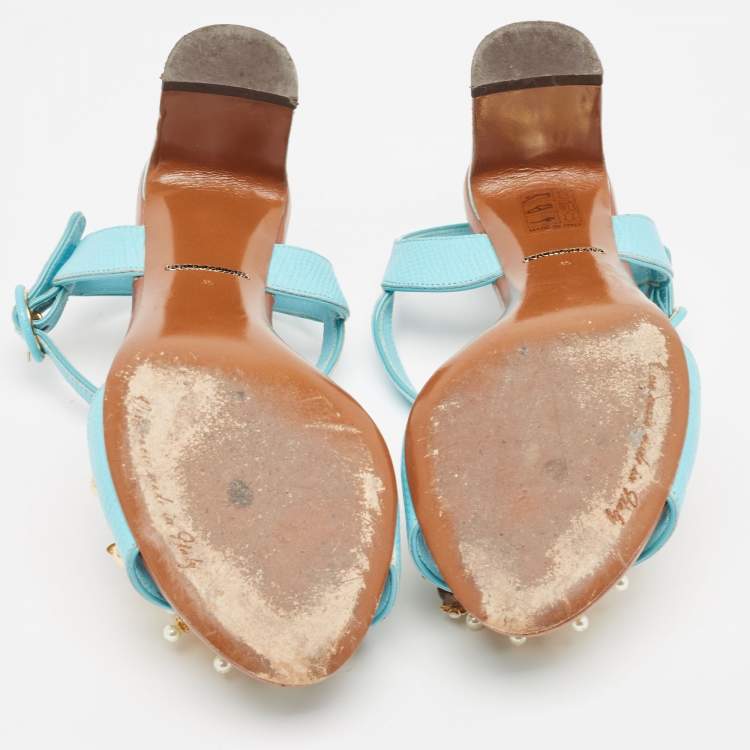 Pre Owned Dolce & Gabbana Blue Embossed Lizard Embellished Ankle Strap Sandals Size 35