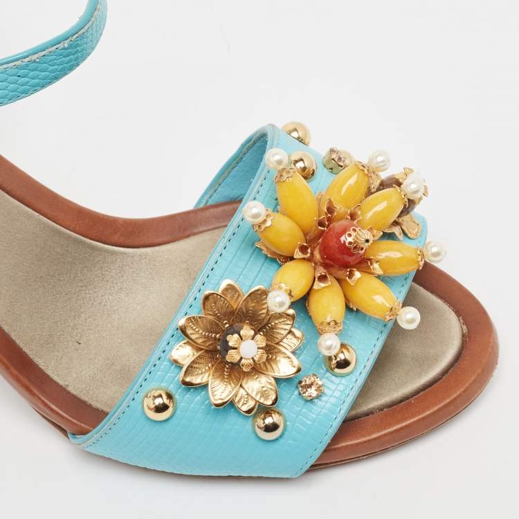 Pre Owned Dolce & Gabbana Blue Embossed Lizard Embellished Ankle Strap Sandals Size 35