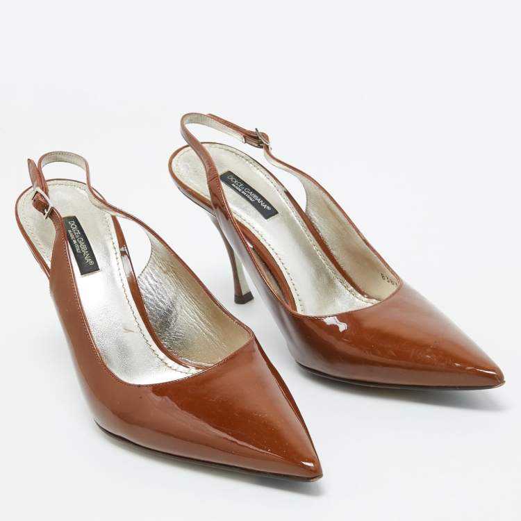 Pre Owned Dolce & Gabbana Brown Patent Leather Slingback Pumps Size 38